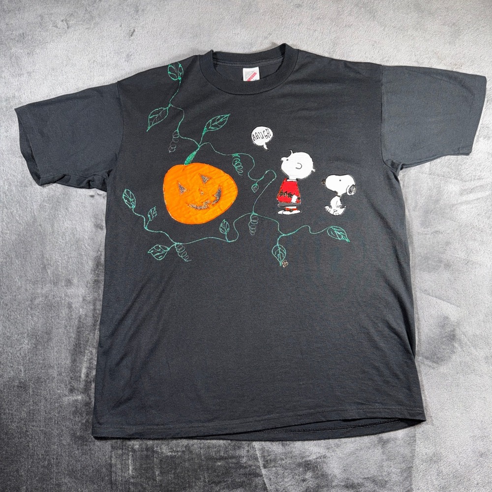 Vintage Jerzees Peanuts Halloween Charlie Brown Snoopy T-Shirt Black Large USA